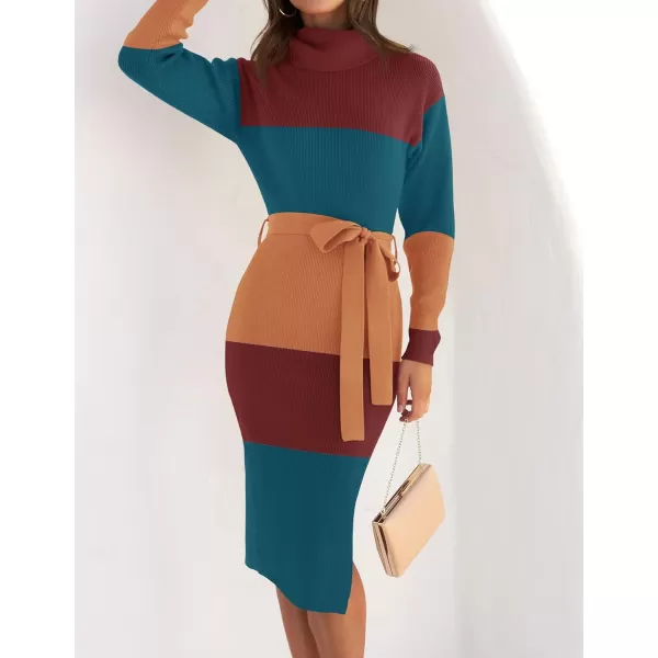 imageZESICA Womens Turtleneck Sweater Midi Dress Long Sleeve Ribbed Knit Bodycon Slit Dress with BeltTeal