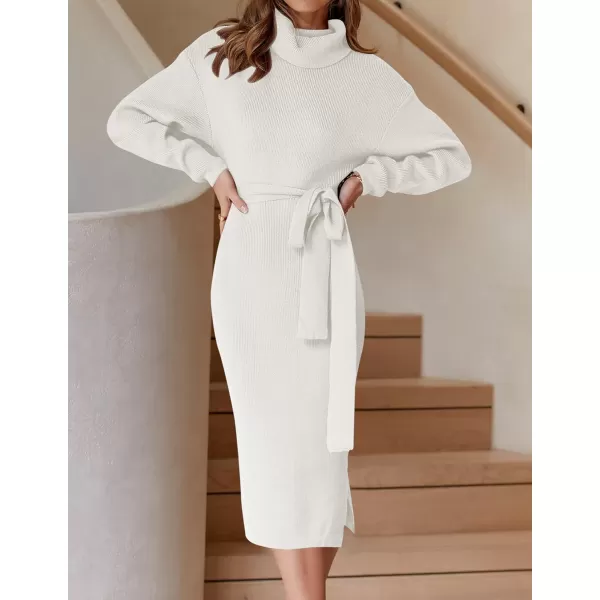 imageZESICA Womens Turtleneck Sweater Midi Dress Long Sleeve Ribbed Knit Bodycon Slit Dress with BeltWhite