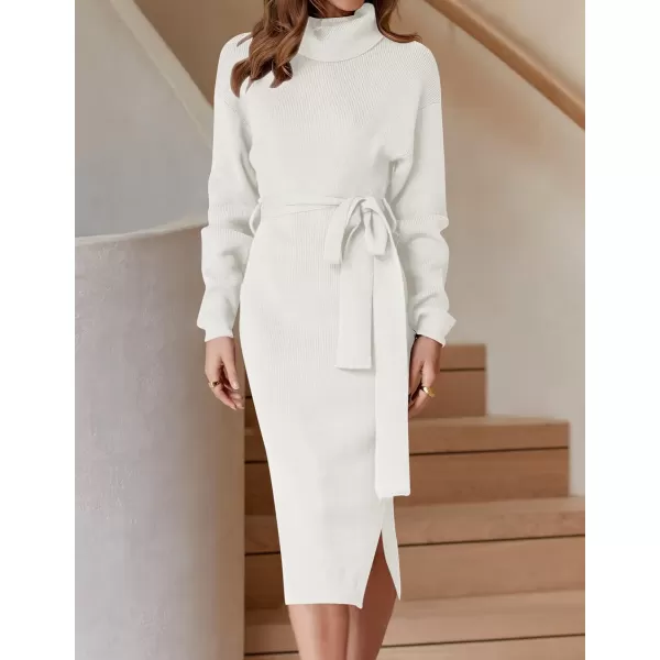 imageZESICA Womens Turtleneck Sweater Midi Dress Long Sleeve Ribbed Knit Bodycon Slit Dress with BeltWhite