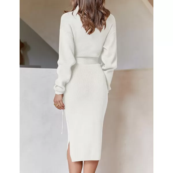 imageZESICA Womens Turtleneck Sweater Midi Dress Long Sleeve Ribbed Knit Bodycon Slit Dress with BeltWhite