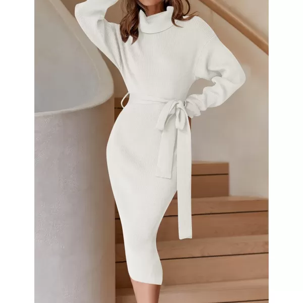 imageZESICA Womens Turtleneck Sweater Midi Dress Long Sleeve Ribbed Knit Bodycon Slit Dress with BeltWhite