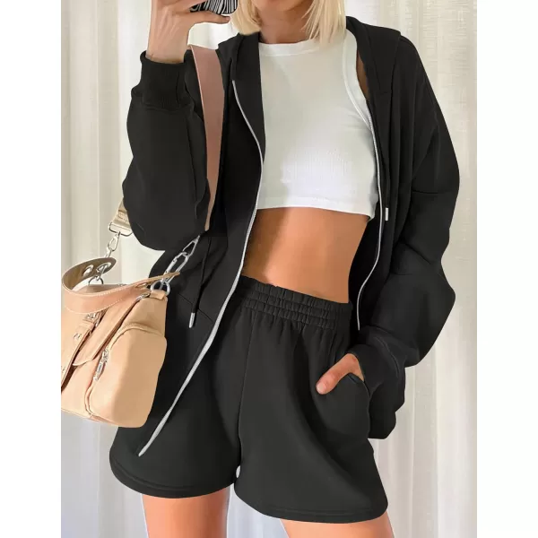 imageZESICA Womens Two Piece Outfits Casual Long Sleeve Zipper Hoodie Tracksuit Sweatsuit Workout Set with PocketsBlack