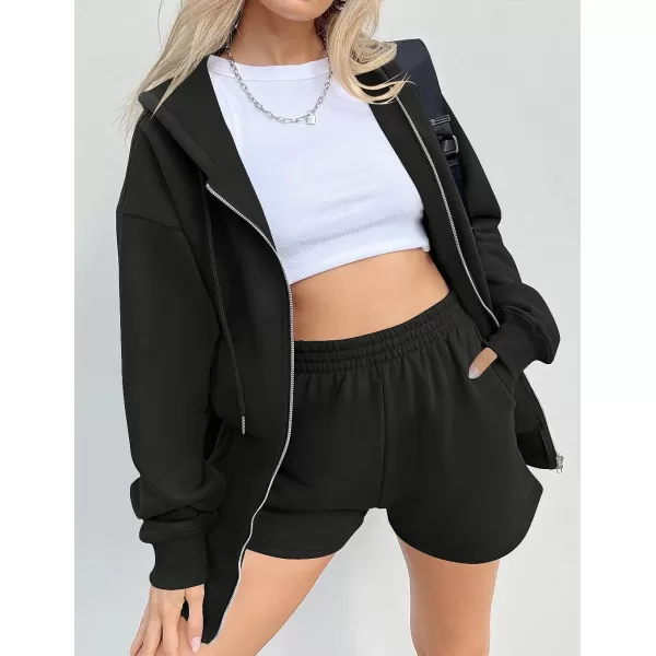 imageZESICA Womens Two Piece Outfits Casual Long Sleeve Zipper Hoodie Tracksuit Sweatsuit Workout Set with PocketsBlack