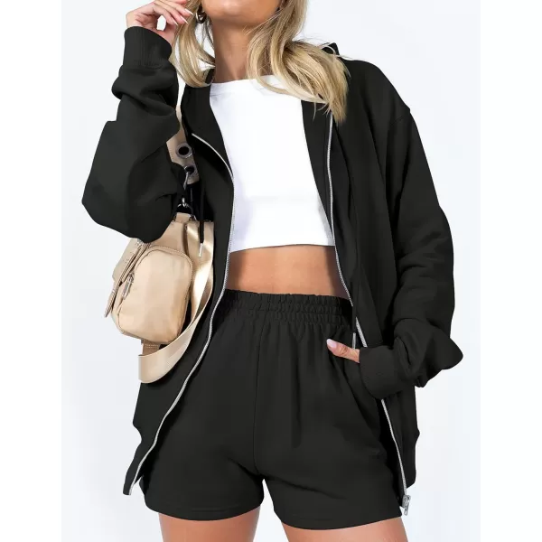 imageZESICA Womens Two Piece Outfits Casual Long Sleeve Zipper Hoodie Tracksuit Sweatsuit Workout Set with PocketsBlack