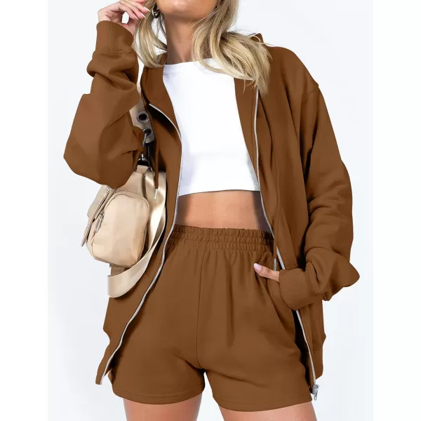imageZESICA Womens Two Piece Outfits Casual Long Sleeve Zipper Hoodie Tracksuit Sweatsuit Workout Set with PocketsCaramel