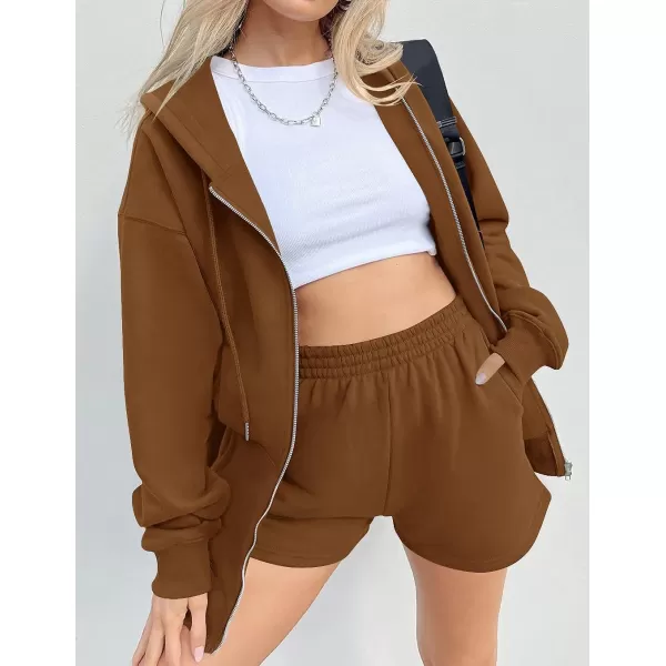 imageZESICA Womens Two Piece Outfits Casual Long Sleeve Zipper Hoodie Tracksuit Sweatsuit Workout Set with PocketsCaramel