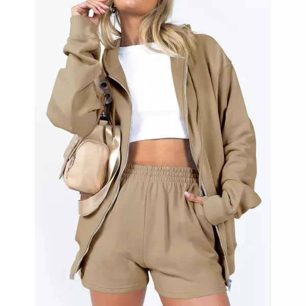 imageZESICA Womens Two Piece Outfits Casual Long Sleeve Zipper Hoodie Tracksuit Sweatsuit Workout Set with PocketsLightkhaki