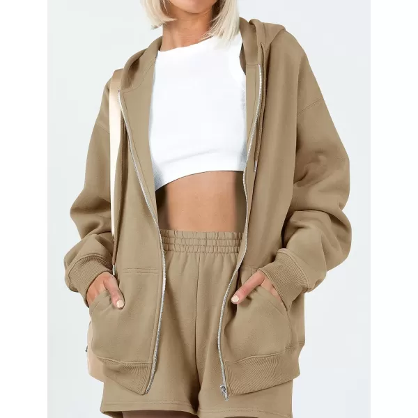 imageZESICA Womens Two Piece Outfits Casual Long Sleeve Zipper Hoodie Tracksuit Sweatsuit Workout Set with PocketsLightkhaki