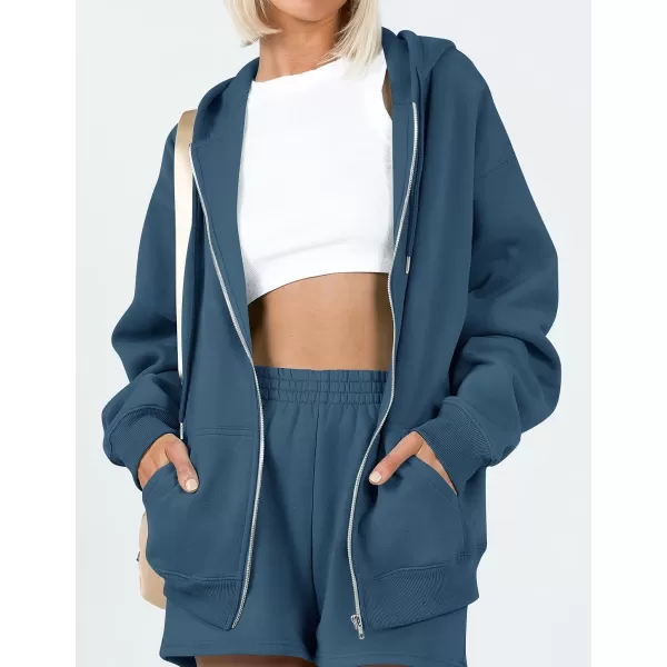 imageZESICA Womens Two Piece Outfits Casual Long Sleeve Zipper Hoodie Tracksuit Sweatsuit Workout Set with PocketsNavy