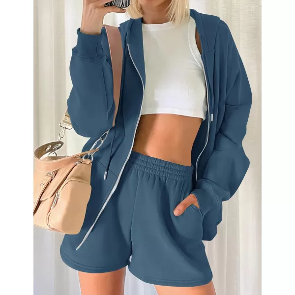 imageZESICA Womens Two Piece Outfits Casual Long Sleeve Zipper Hoodie Tracksuit Sweatsuit Workout Set with PocketsNavy