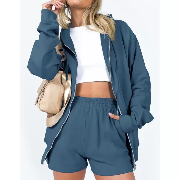 imageZESICA Womens Two Piece Outfits Casual Long Sleeve Zipper Hoodie Tracksuit Sweatsuit Workout Set with PocketsNavy