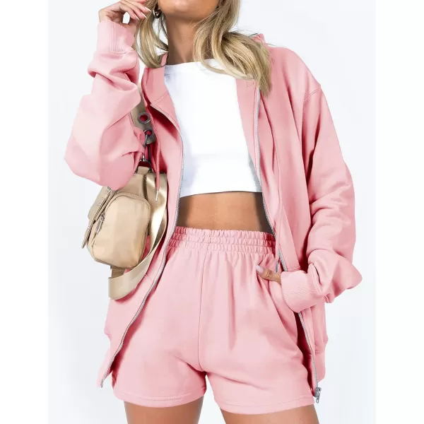 imageZESICA Womens Two Piece Outfits Casual Long Sleeve Zipper Hoodie Tracksuit Sweatsuit Workout Set with PocketsPink