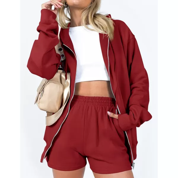 imageZESICA Womens Two Piece Outfits Casual Long Sleeve Zipper Hoodie Tracksuit Sweatsuit Workout Set with PocketsRed