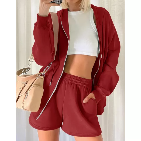 imageZESICA Womens Two Piece Outfits Casual Long Sleeve Zipper Hoodie Tracksuit Sweatsuit Workout Set with PocketsRed