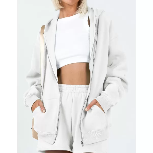 imageZESICA Womens Two Piece Outfits Casual Long Sleeve Zipper Hoodie Tracksuit Sweatsuit Workout Set with PocketsWhite