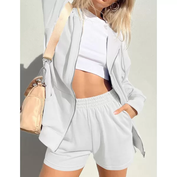 imageZESICA Womens Two Piece Outfits Casual Long Sleeve Zipper Hoodie Tracksuit Sweatsuit Workout Set with PocketsWhite