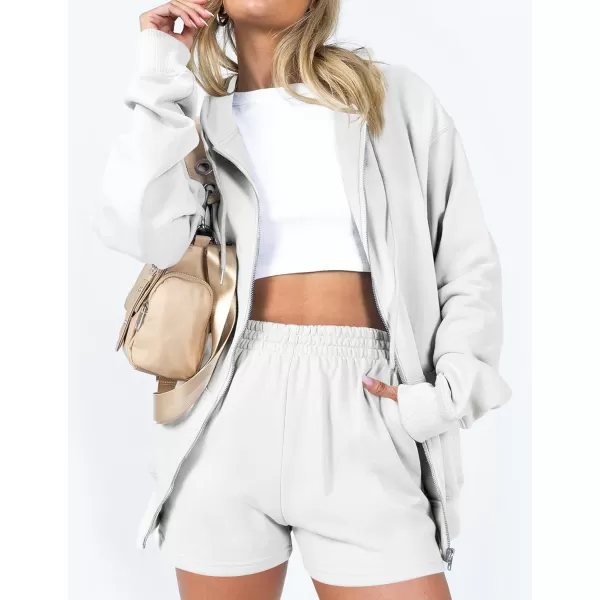 imageZESICA Womens Two Piece Outfits Casual Long Sleeve Zipper Hoodie Tracksuit Sweatsuit Workout Set with PocketsWhite