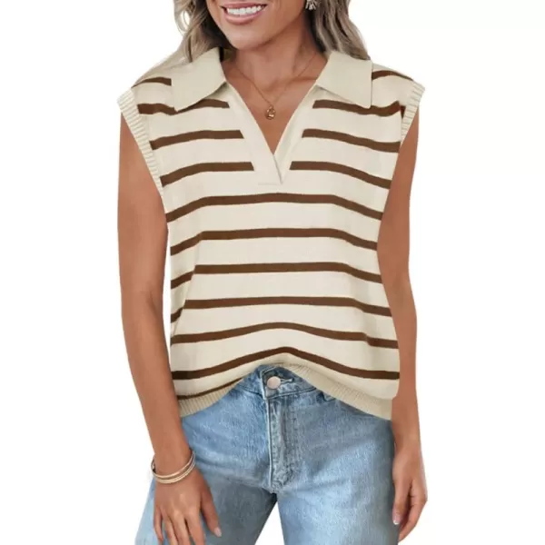imageZESICA Womens V Neck Striped Tops 2024 Summer Cap Sleeve Sweaters Sleeveless Pullover Blouse Spring ClothesApricot