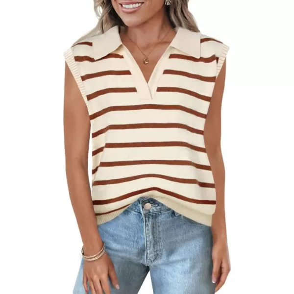 imageZESICA Womens V Neck Striped Tops 2024 Summer Cap Sleeve Sweaters Sleeveless Pullover Blouse Spring ClothesRust