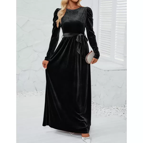 imageZESICA Womens Velvet Maxi Dress Long Puff Sleeve Crew Neck Elastic High Waist Cocktail Party Bridesmaid DressesBlack