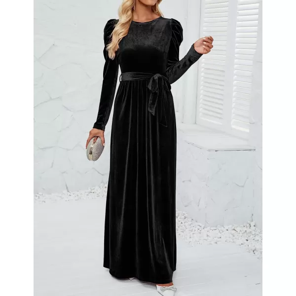 imageZESICA Womens Velvet Maxi Dress Long Puff Sleeve Crew Neck Elastic High Waist Cocktail Party Bridesmaid DressesBlack
