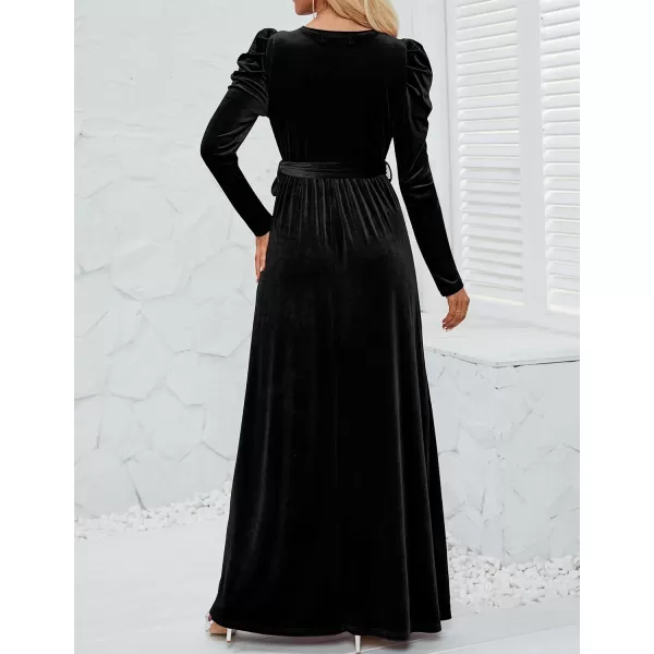 imageZESICA Womens Velvet Maxi Dress Long Puff Sleeve Crew Neck Elastic High Waist Cocktail Party Bridesmaid DressesBlack