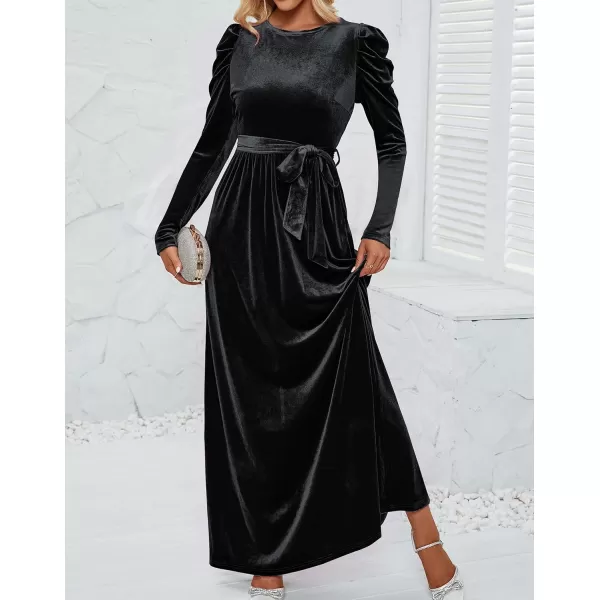 imageZESICA Womens Velvet Maxi Dress Long Puff Sleeve Crew Neck Elastic High Waist Cocktail Party Bridesmaid DressesBlack
