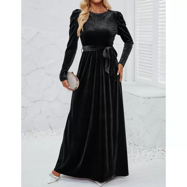 imageZESICA Womens Velvet Maxi Dress Long Puff Sleeve Crew Neck Elastic High Waist Cocktail Party Bridesmaid DressesBlack