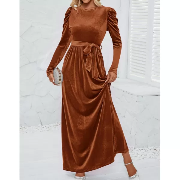 imageZESICA Womens Velvet Maxi Dress Long Puff Sleeve Crew Neck Elastic High Waist Cocktail Party Bridesmaid DressesCaramel