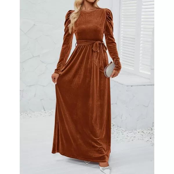 imageZESICA Womens Velvet Maxi Dress Long Puff Sleeve Crew Neck Elastic High Waist Cocktail Party Bridesmaid DressesCaramel