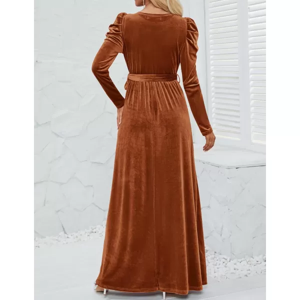 imageZESICA Womens Velvet Maxi Dress Long Puff Sleeve Crew Neck Elastic High Waist Cocktail Party Bridesmaid DressesCaramel