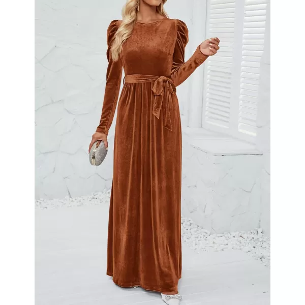imageZESICA Womens Velvet Maxi Dress Long Puff Sleeve Crew Neck Elastic High Waist Cocktail Party Bridesmaid DressesCaramel