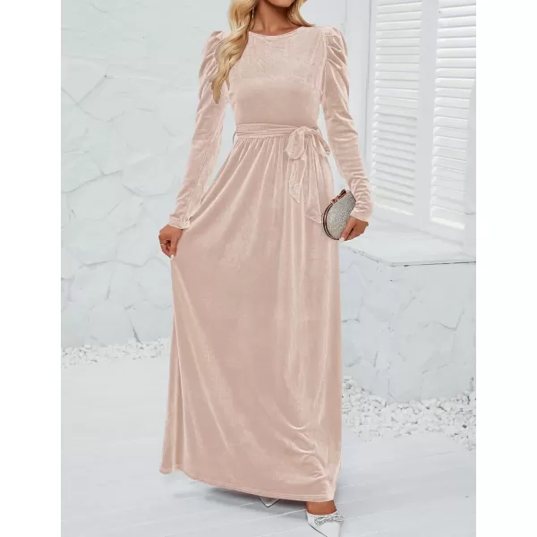 imageZESICA Womens Velvet Maxi Dress Long Puff Sleeve Crew Neck Elastic High Waist Cocktail Party Bridesmaid DressesChampagne