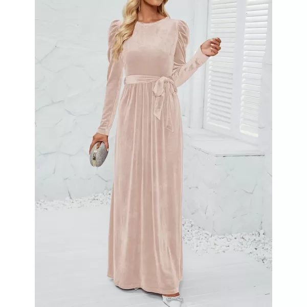 imageZESICA Womens Velvet Maxi Dress Long Puff Sleeve Crew Neck Elastic High Waist Cocktail Party Bridesmaid DressesChampagne