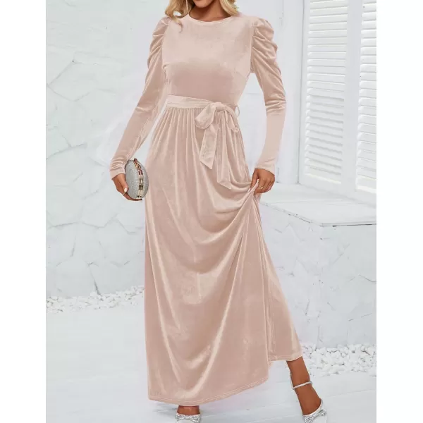 imageZESICA Womens Velvet Maxi Dress Long Puff Sleeve Crew Neck Elastic High Waist Cocktail Party Bridesmaid DressesChampagne