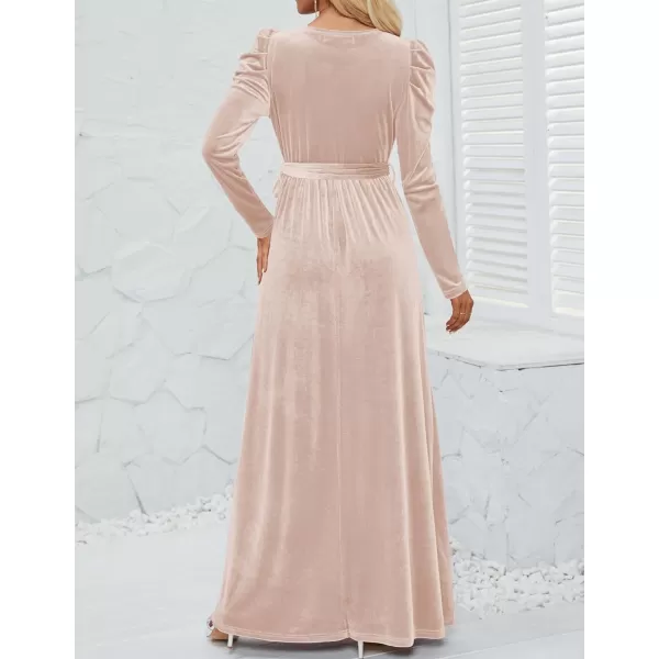 imageZESICA Womens Velvet Maxi Dress Long Puff Sleeve Crew Neck Elastic High Waist Cocktail Party Bridesmaid DressesChampagne