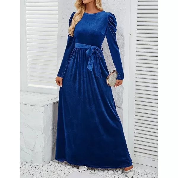 imageZESICA Womens Velvet Maxi Dress Long Puff Sleeve Crew Neck Elastic High Waist Cocktail Party Bridesmaid DressesCobalt