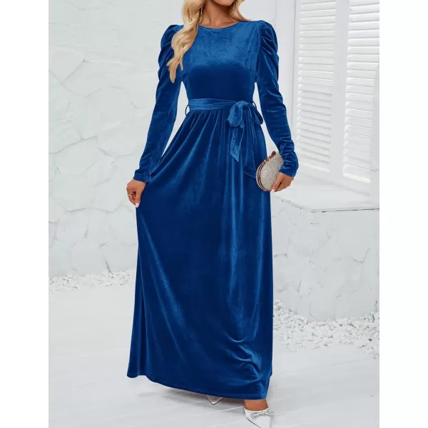 imageZESICA Womens Velvet Maxi Dress Long Puff Sleeve Crew Neck Elastic High Waist Cocktail Party Bridesmaid DressesCobalt