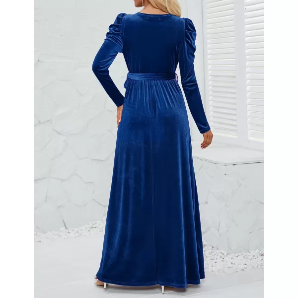 imageZESICA Womens Velvet Maxi Dress Long Puff Sleeve Crew Neck Elastic High Waist Cocktail Party Bridesmaid DressesCobalt