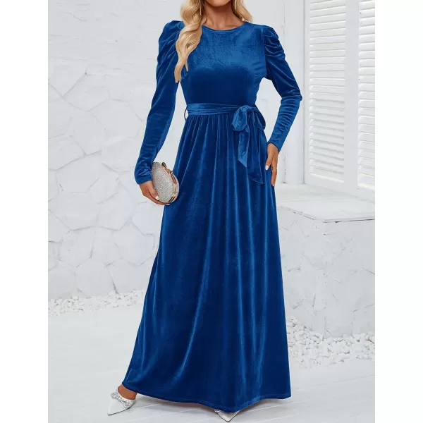imageZESICA Womens Velvet Maxi Dress Long Puff Sleeve Crew Neck Elastic High Waist Cocktail Party Bridesmaid DressesCobalt