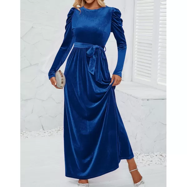 imageZESICA Womens Velvet Maxi Dress Long Puff Sleeve Crew Neck Elastic High Waist Cocktail Party Bridesmaid DressesCobalt