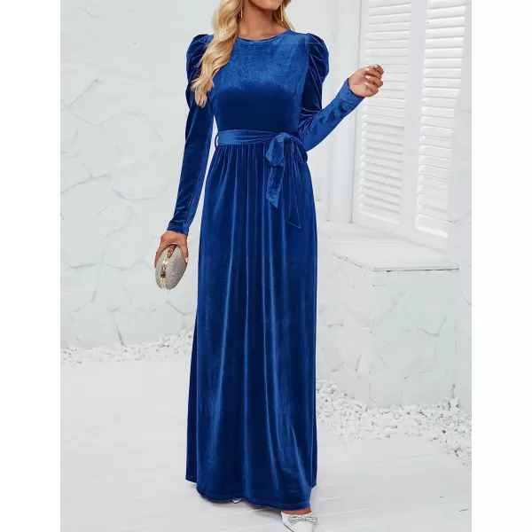 imageZESICA Womens Velvet Maxi Dress Long Puff Sleeve Crew Neck Elastic High Waist Cocktail Party Bridesmaid DressesCobalt