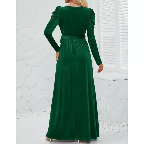 imageZESICA Womens Velvet Maxi Dress Long Puff Sleeve Crew Neck Elastic High Waist Cocktail Party Bridesmaid DressesDark Green
