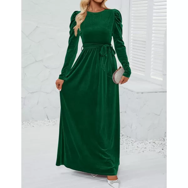imageZESICA Womens Velvet Maxi Dress Long Puff Sleeve Crew Neck Elastic High Waist Cocktail Party Bridesmaid DressesDark Green