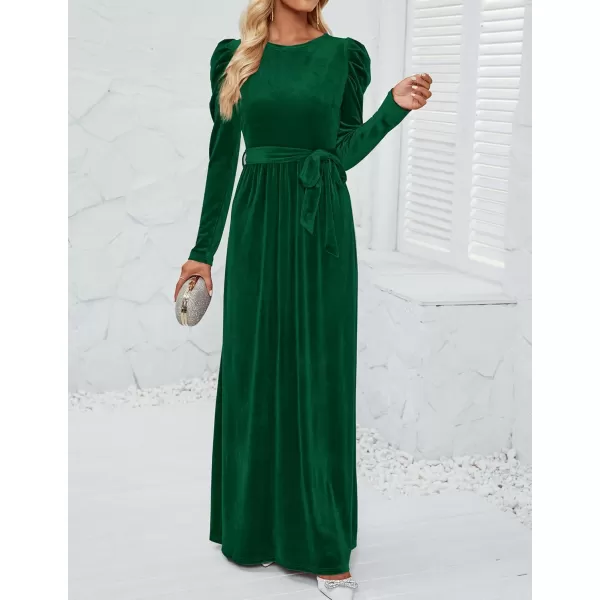 imageZESICA Womens Velvet Maxi Dress Long Puff Sleeve Crew Neck Elastic High Waist Cocktail Party Bridesmaid DressesDark Green