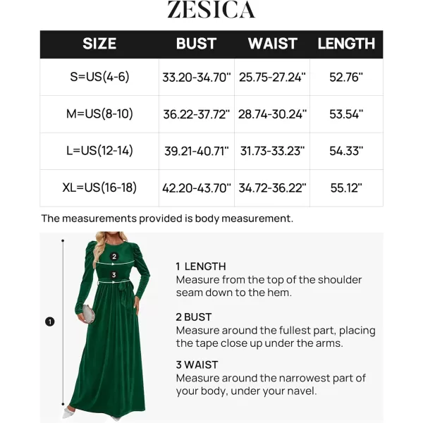 imageZESICA Womens Velvet Maxi Dress Long Puff Sleeve Crew Neck Elastic High Waist Cocktail Party Bridesmaid DressesDark Green