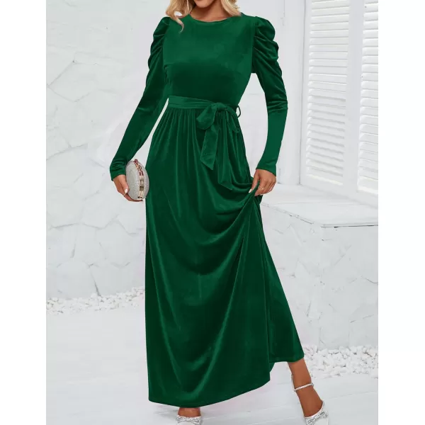 imageZESICA Womens Velvet Maxi Dress Long Puff Sleeve Crew Neck Elastic High Waist Cocktail Party Bridesmaid DressesDark Green