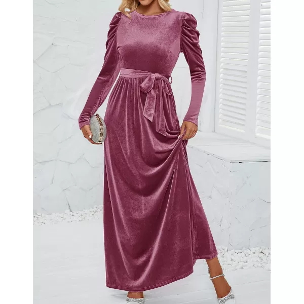 imageZESICA Womens Velvet Maxi Dress Long Puff Sleeve Crew Neck Elastic High Waist Cocktail Party Bridesmaid DressesMauve
