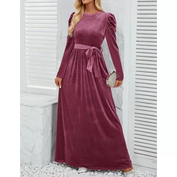 imageZESICA Womens Velvet Maxi Dress Long Puff Sleeve Crew Neck Elastic High Waist Cocktail Party Bridesmaid DressesMauve