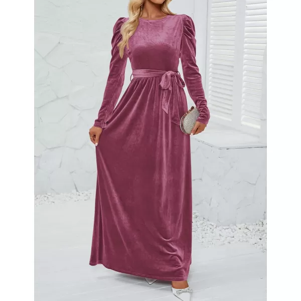 imageZESICA Womens Velvet Maxi Dress Long Puff Sleeve Crew Neck Elastic High Waist Cocktail Party Bridesmaid DressesMauve